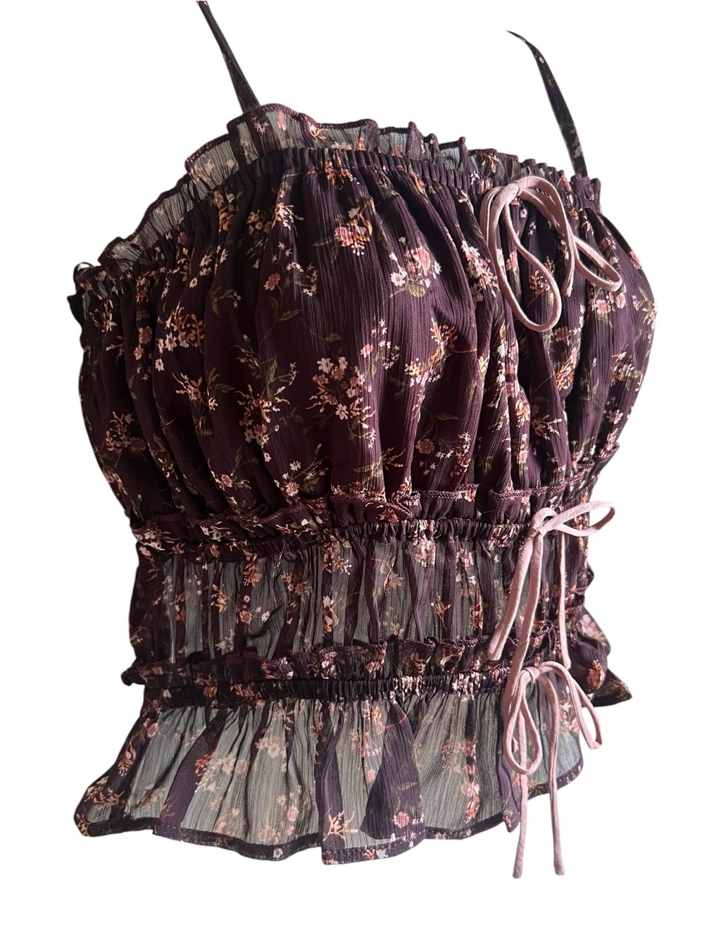 Thirty Thirty Sz S Cami Coquette Floral Burgundy Smocked Milkmaid Fairy Sheer